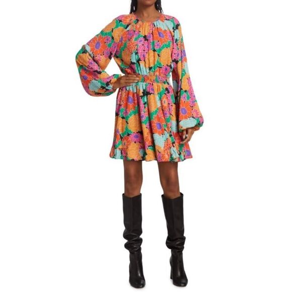 AMUR Gretal Multicolor Floral Balloon Sleeve Smocked Minidress Women's 0 NWT - Picture 12 of 13